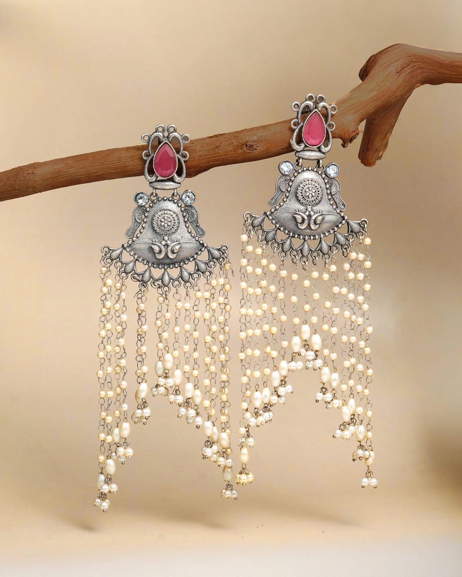 Ruby Pearl Tassel Earrings