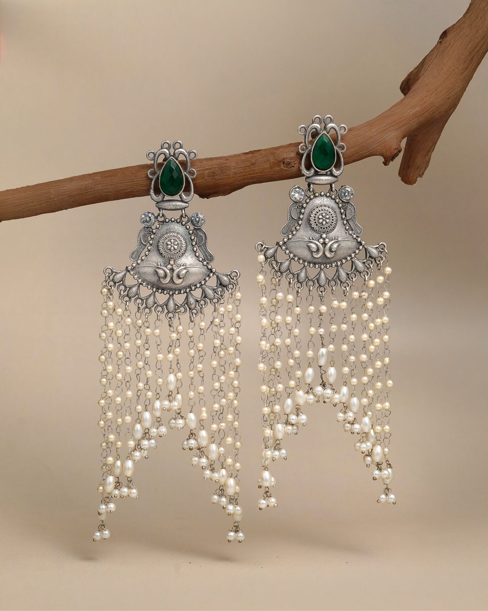 Green Ruby Pearl Tassel Earrings