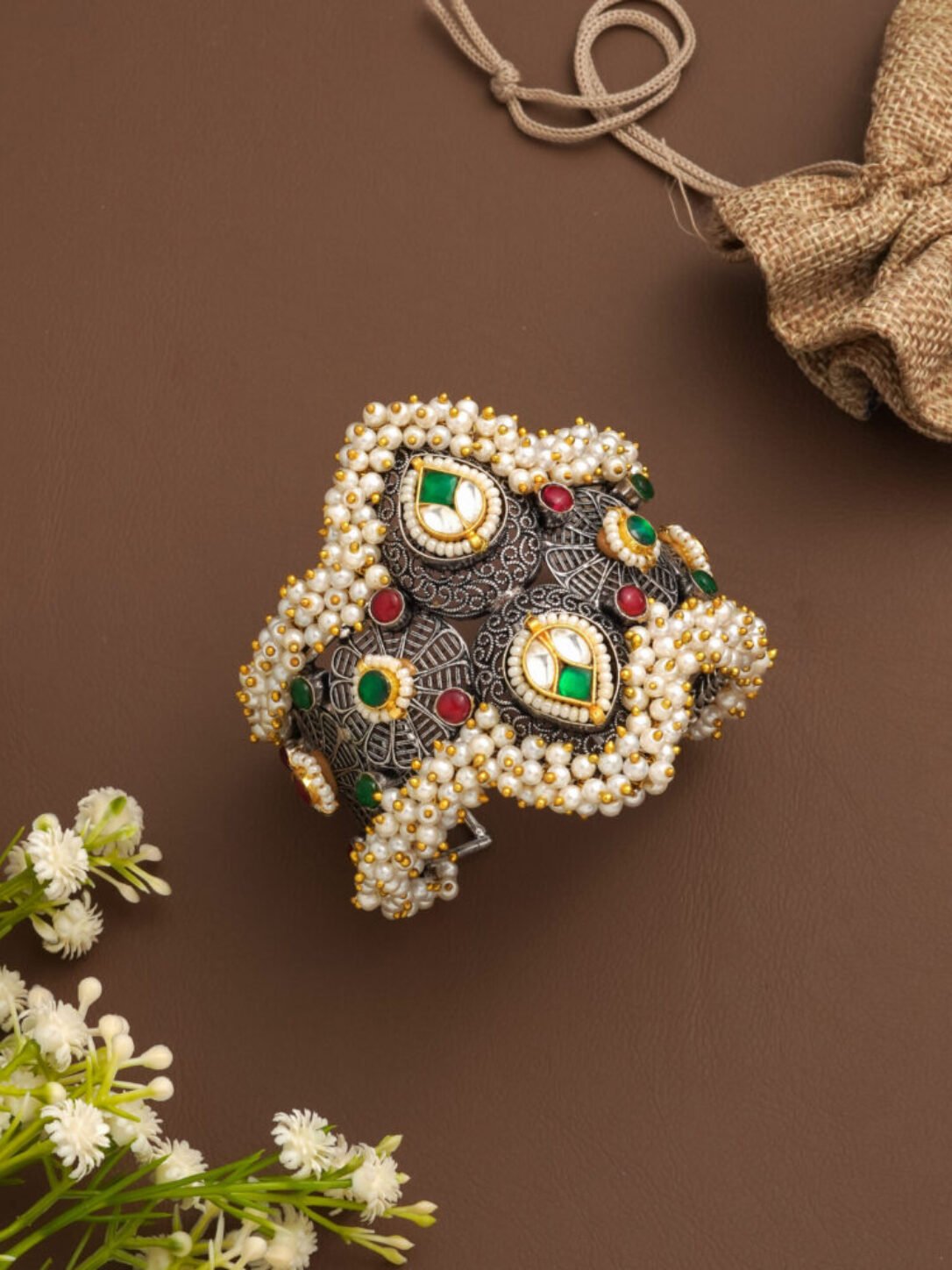 Pearl Kundan Oxidised Kada