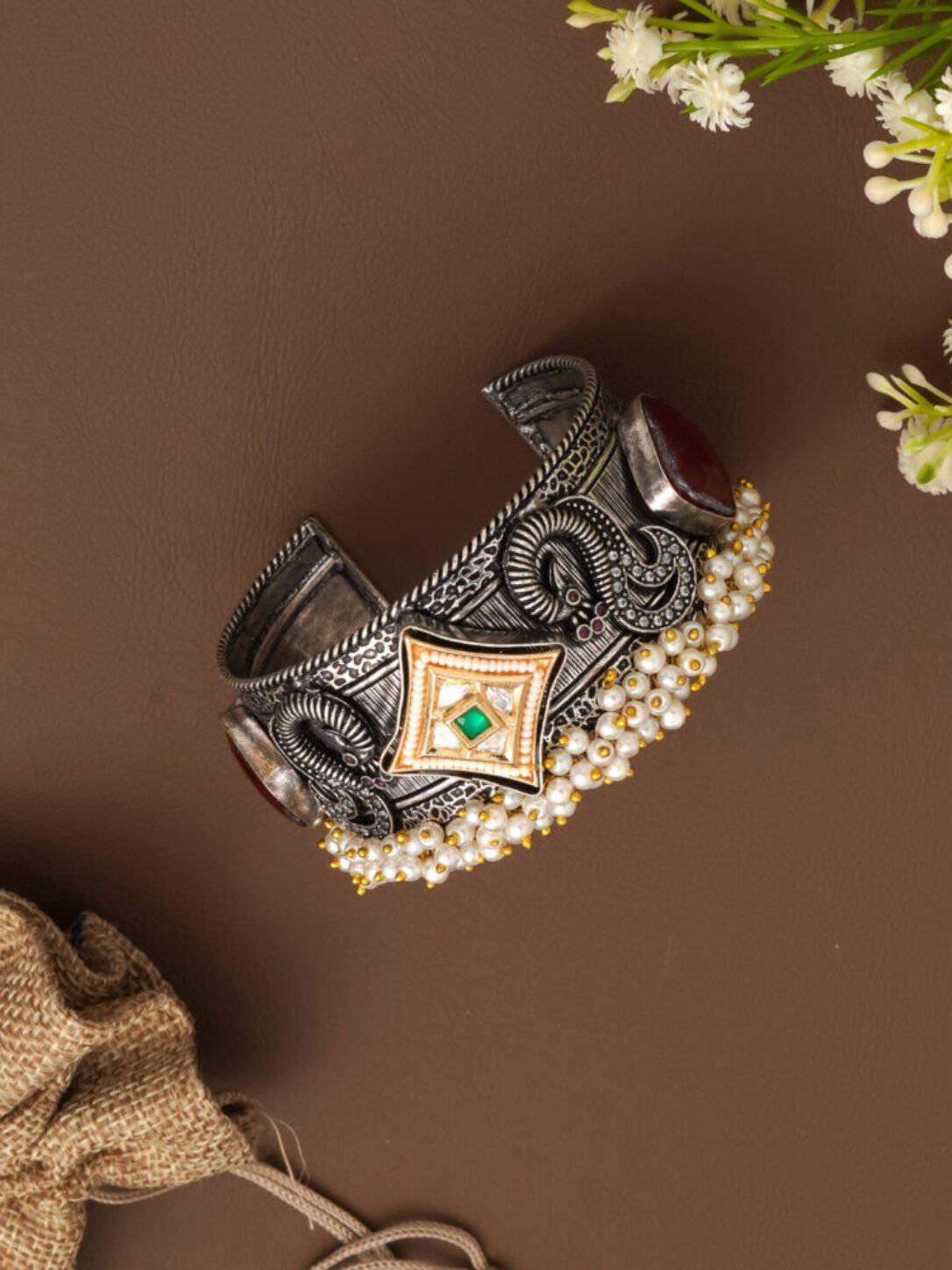 Kundan Stone Oxidised Kada