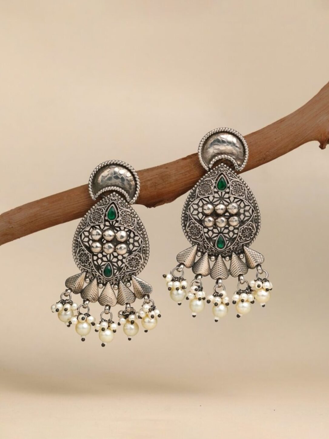 Emerald Pearl Oxidized Earrings