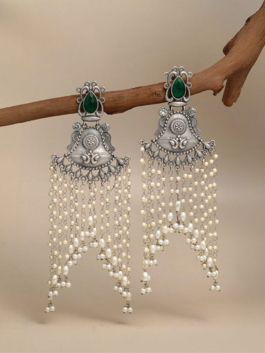 Green Ruby Pearl Tassel Earrings